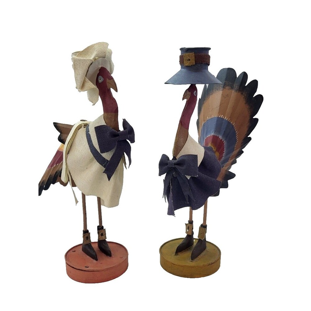 Pilgrim Turkey Candle Holder Pair Mr & Mrs Thanksgiving Fall Decor Metal Fabric